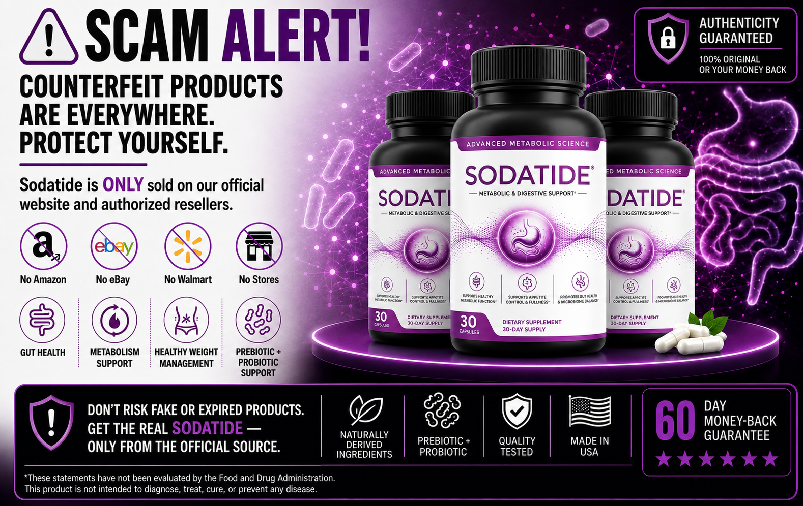 Scam alert warning graphic for Sodatide weight loss supplement